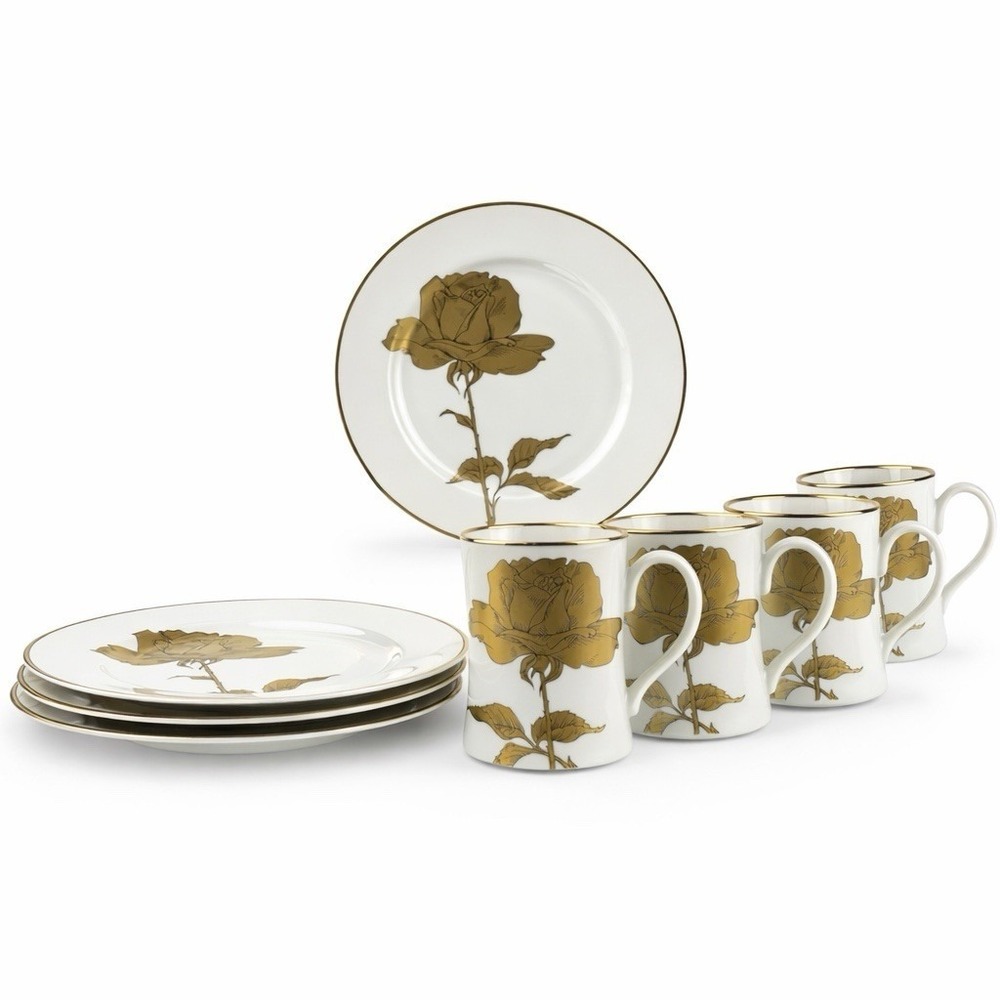 🇯🇵 Vintage Fitz & Floyd‎ Golden Rose 8‑Pc Set Mugs Plates Porcelain Japan